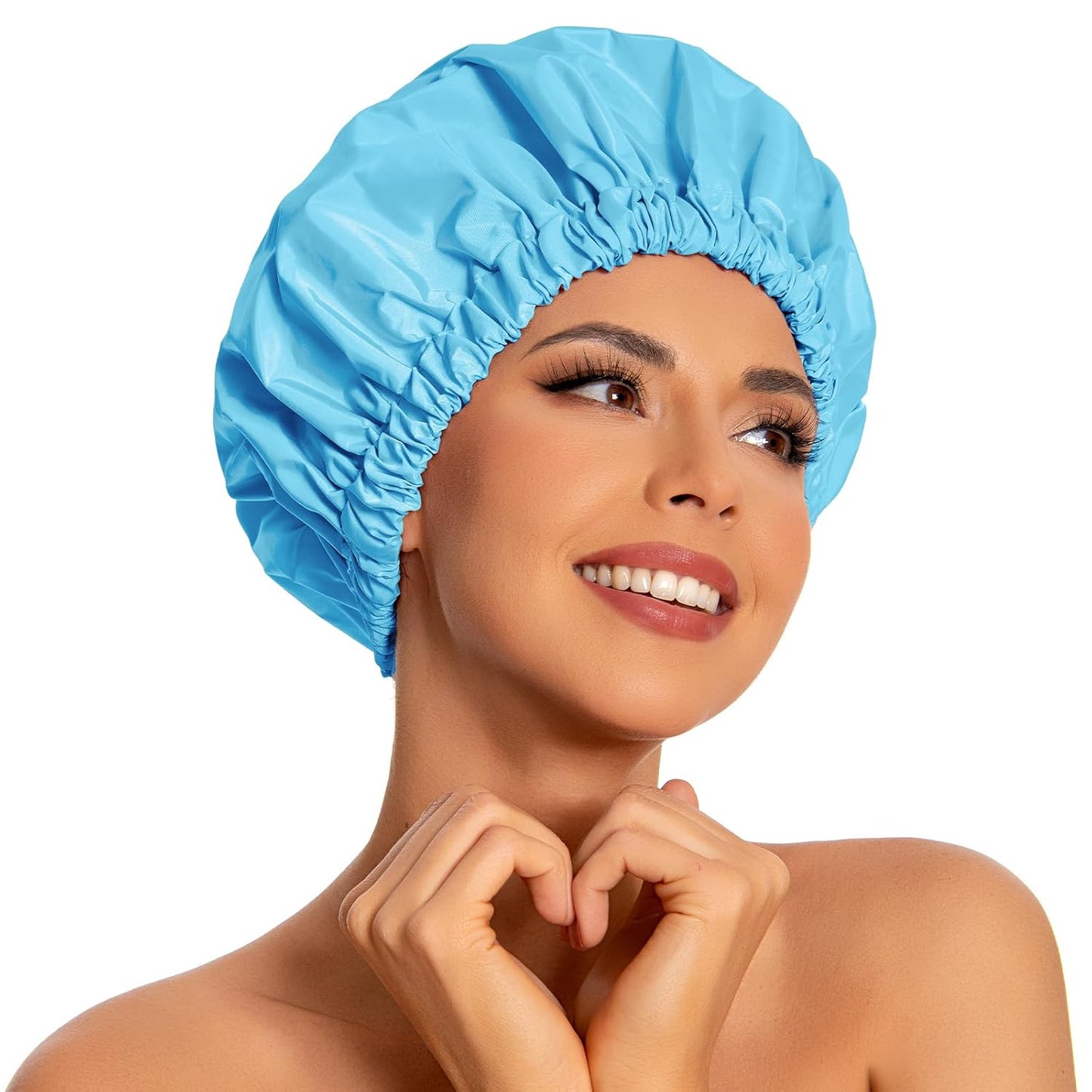 Reusable Shower Cap for Women, Large Waterproof Shower Bonnet Washable Elastic Band Bath Hair Hat for Long Hair, Braids(Lake Blue)