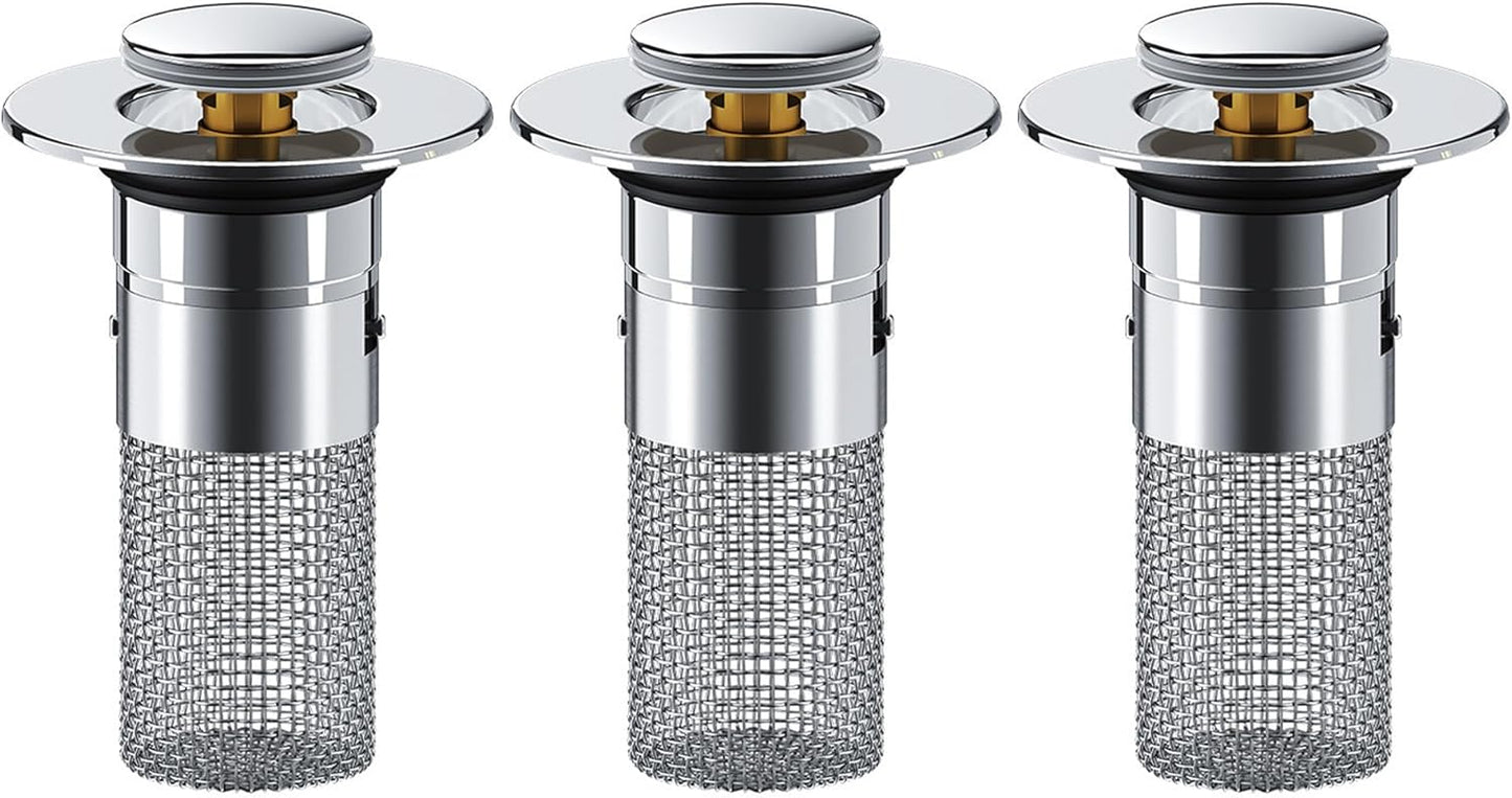 Saker Bathroom Sink Drain Strainer Hair Catcher (3 PCS), Pop-up Drain Filter with Removable Stainless Steel Filter Basket, Prevents Hair Clogs, Suitable for Bathroom Sink Stopper Replacement