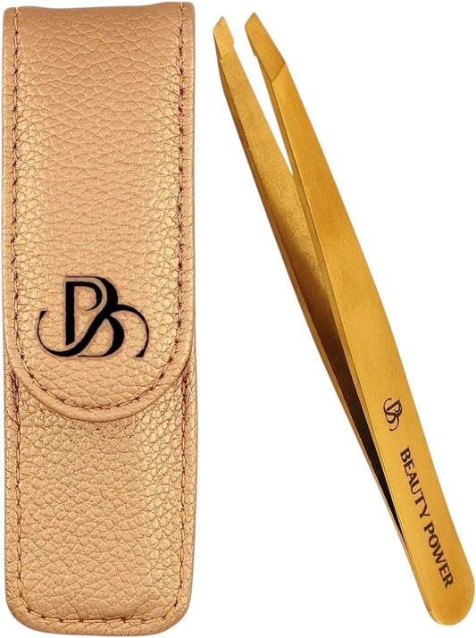 Professional Tweezers in Case - Slant, Durable Lightweight German Stainless Steel, Ultra Precision Tweezers for Eyebrows, Facial Hair, Chin, and Ingrown Hair Removal - Gift (Gold)
