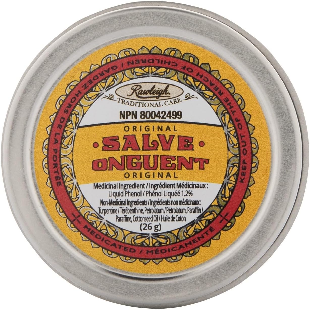 Rawleigh Antiseptic Yellow Salve Small Tin: 0.96 oz, Natural, Multi-Purpose Ointment Soothes Skin Cuts, Bruises, Irritations, with Turpentine, Phenol, Cottonseed Oil, Original Formula - Pack of 1