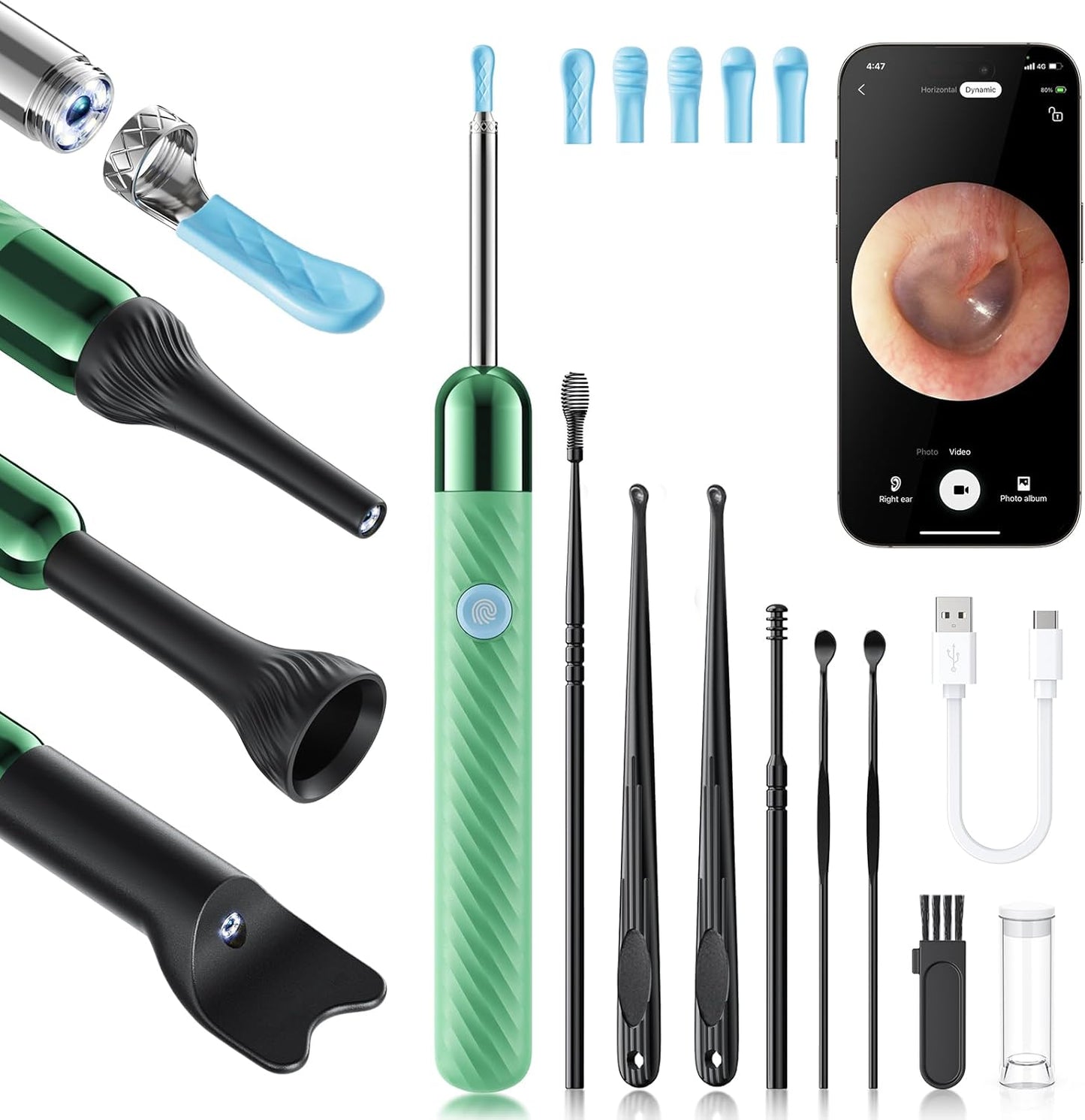 Ear Wax Removal Tool Camera Otoscope with Light, Ear Wax Removal Kit with 6 Ear Pick, Ear Camera- Green