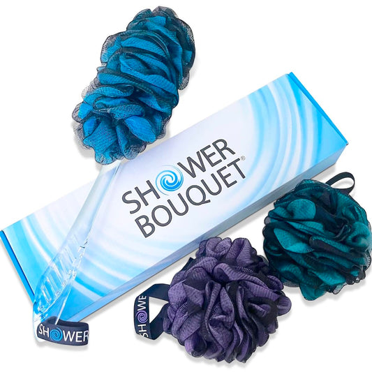 SHOWER BOUQUET Loofah-Charcoal Back-Scrubber & Bath-Sponge Color-Set // 1 Long-Handle-Back-Brush plus 2 Extra Large 75g Soft Mesh Loofa Lufa Loufa Poufs, Men & Women - Exfoliate with Full Pure Cleanse