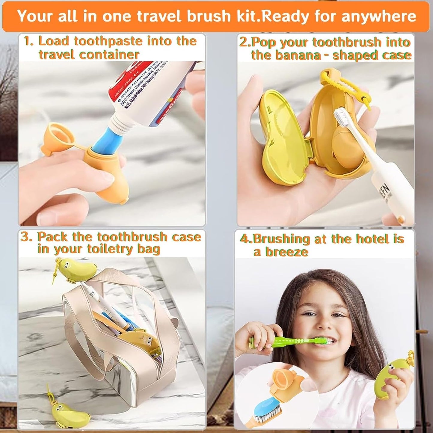 2-in-1 Travel toothbrush holder-Toothbrush covers with Toothpaste case,Portable Reusable Organizer with Banana smile-cute toothbrush cap for Electric&Manual Toothbrush,Ideal for Home&Travel (Green)