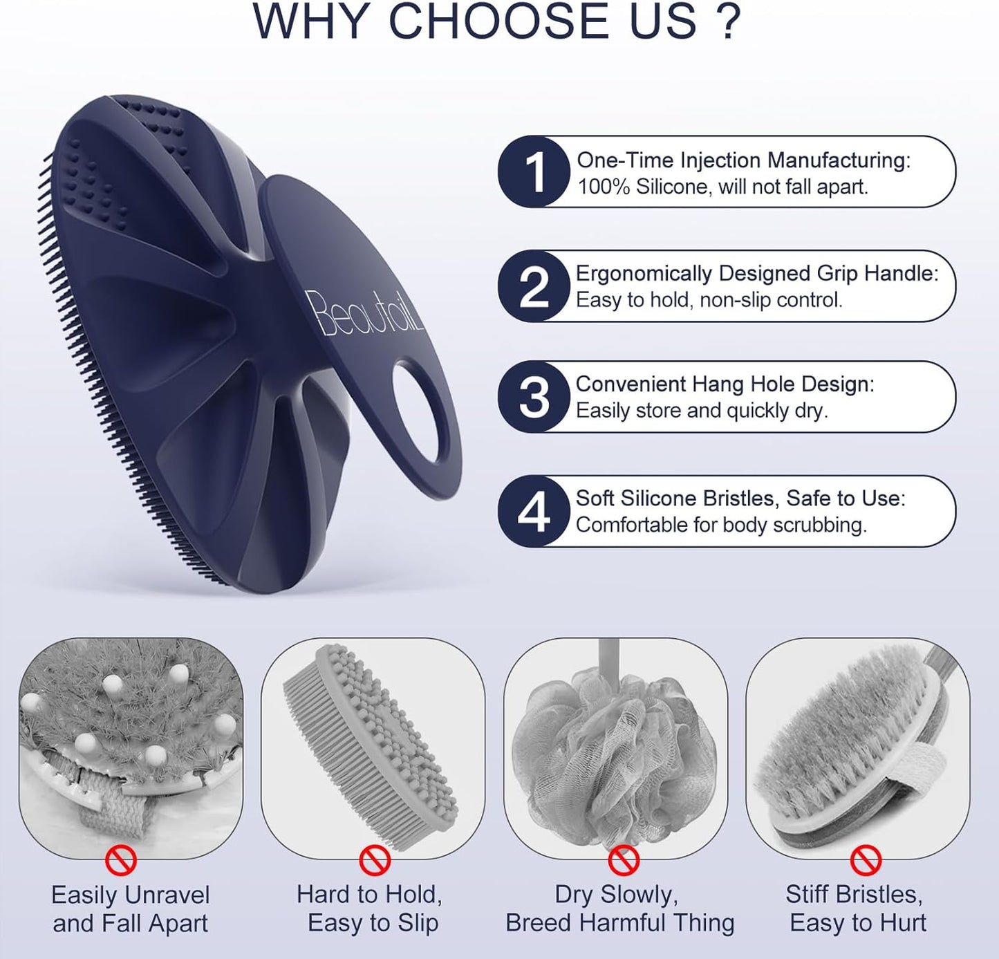 Silicone Body Scrubber Shower Bath Wash Brush Gentle Exfoliating Scrub Cleansing Loofah for Women Men Baby Sensitive Skin, Easy to Clean, Lather Nicely, More Hygienic, 1 Pack, Blue