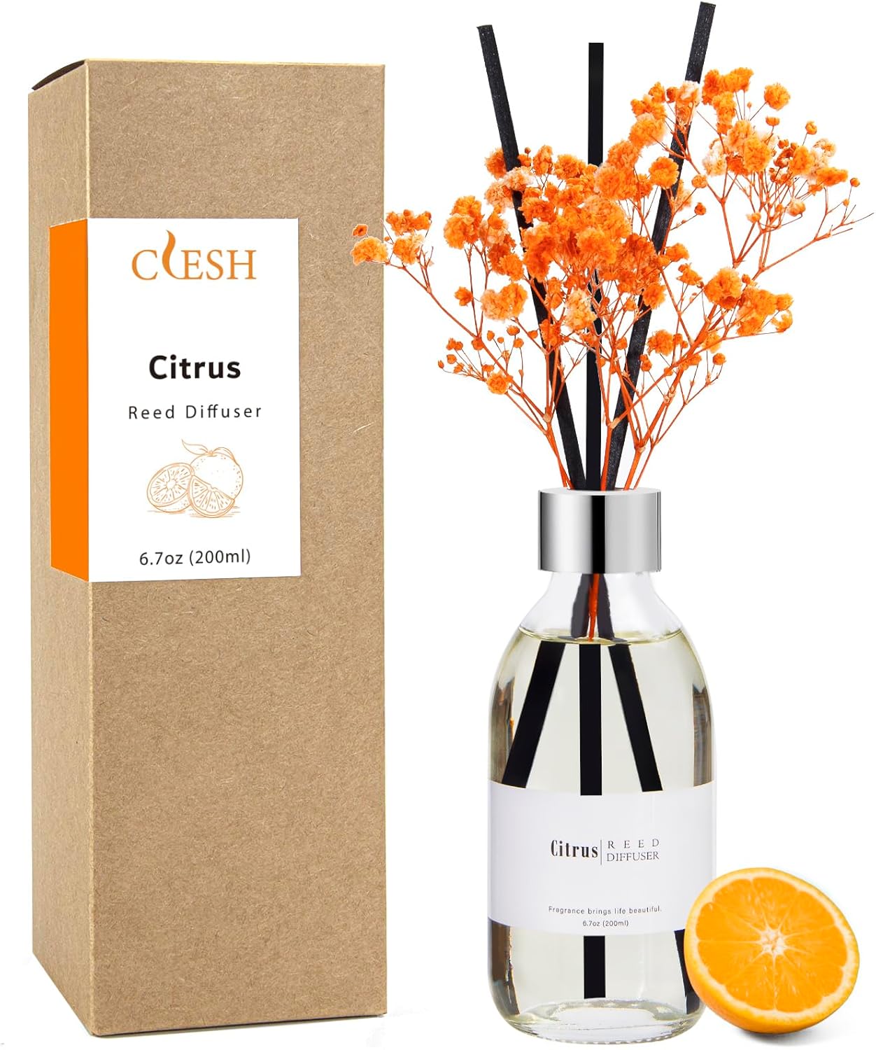 Clesh Reed Diffuser Set, 6.7 oz Citrus Scented Diffuser with Sticks, Home Fragrance Reed Diffuser for Bathroom Shelf Decor