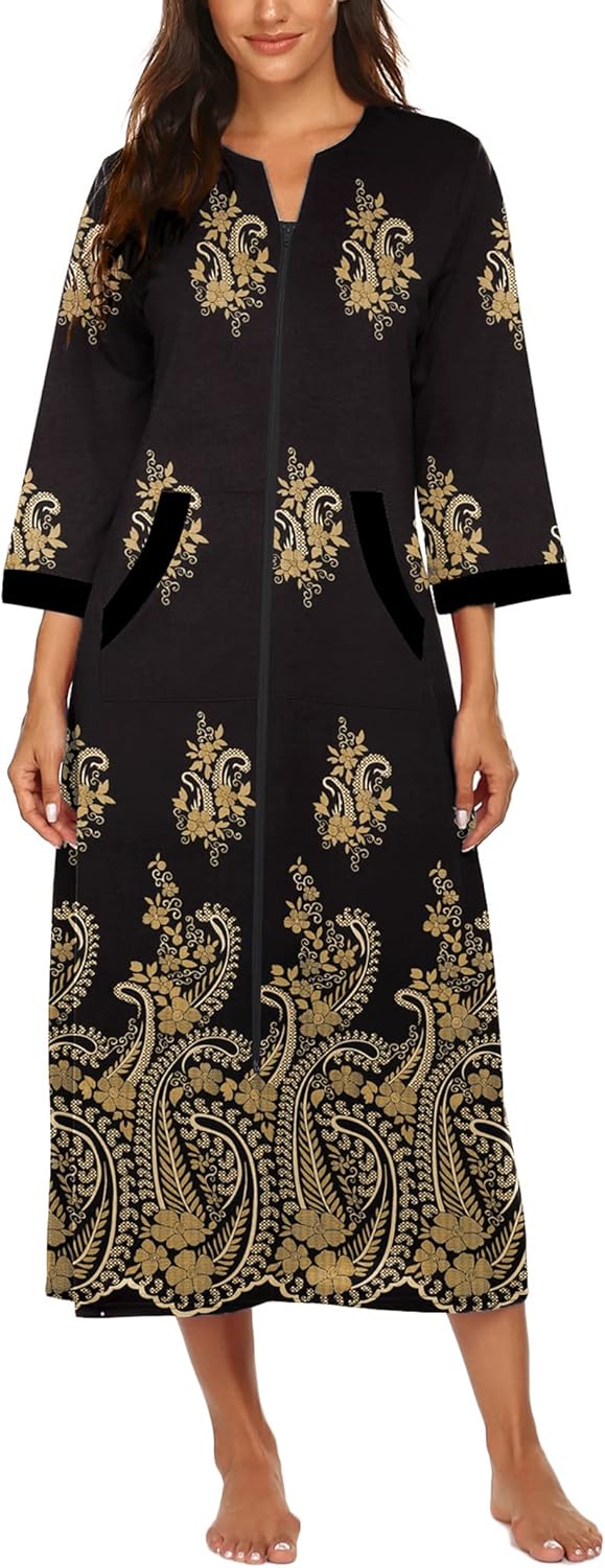 Ekouaer Women Zipper Robe 3/4 Sleeves Loungewear Dress Full Length Sleepwear Pockets Housecoat Nightgown Long Bathrobe