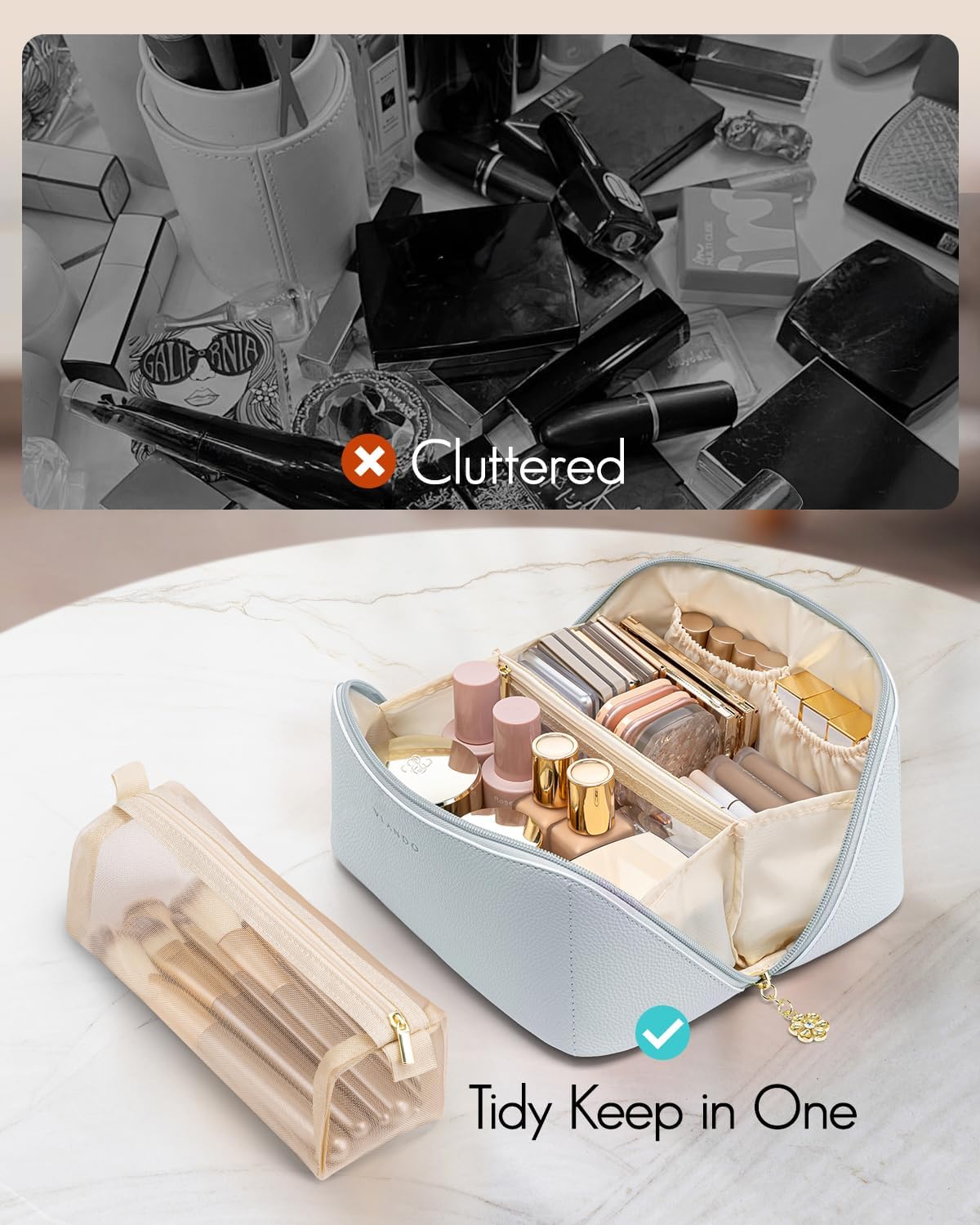 Vlando Makeup Bag,Large Capacity Toiletry Bag for Women Waterproof Portable Make up Pouch PU Leather Open Flat Cosmetic Bag(Baby Blue)