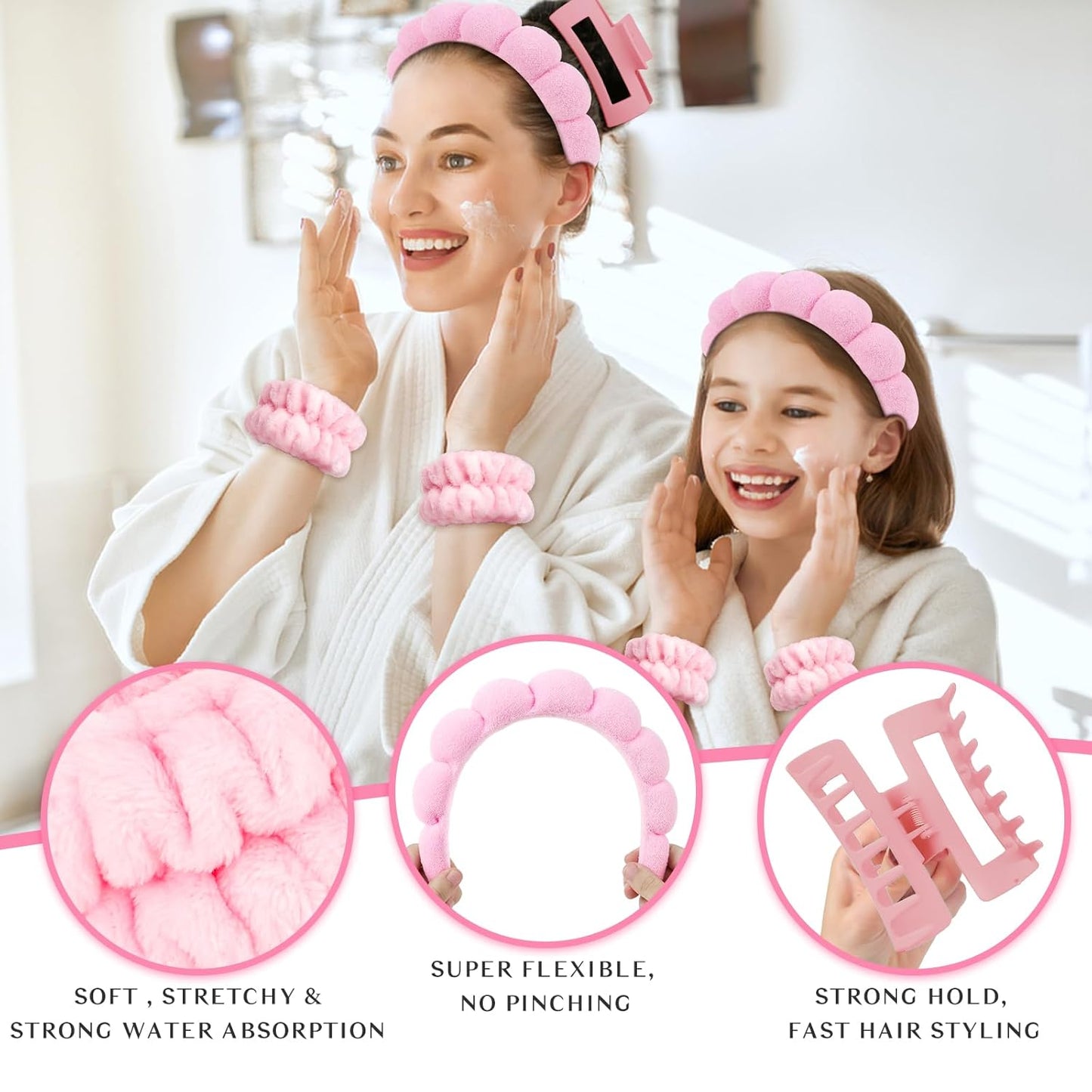 Wecoe Spa Headband And Wristband Set Skincare Headband For Washing Face Hair Claw Clips For Thick Hair Cute Pink Puffy Sponge Makeup Bubble Head Band Wrist Towels Scrunchies For Women Girls