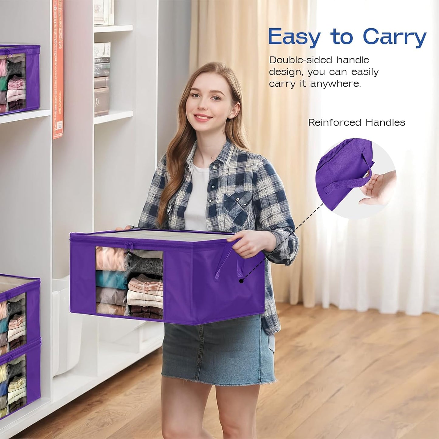 Clothes Storage Bags, Foldable Thick Fabric Blanket Storage Bags, Large Clear Window & Carry Handles, Great for Clothes, Blankets, Closets, Pillows, Toys (Purple, 6PACK)