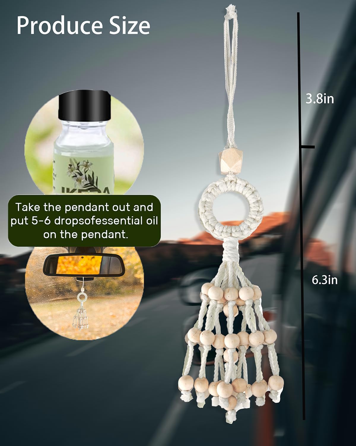 Car Air Freshener,White Musk Hand Woven Hanging Natural Odor Eliminator with 10ml Essential Oil,Wooden Diffuser Balls Deodorizer for Home, Vehicles