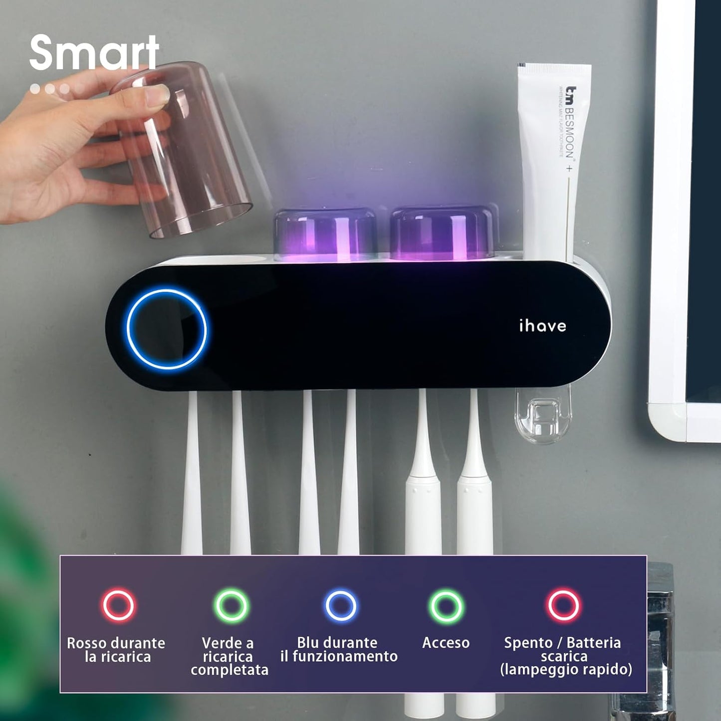 iHave Wall Mounted Electric Toothbrush Holders with 3 Cups, UV Sanitizer, Toothpaste Dispenser, Smart Home Bathroom Accessories & Decor, Black