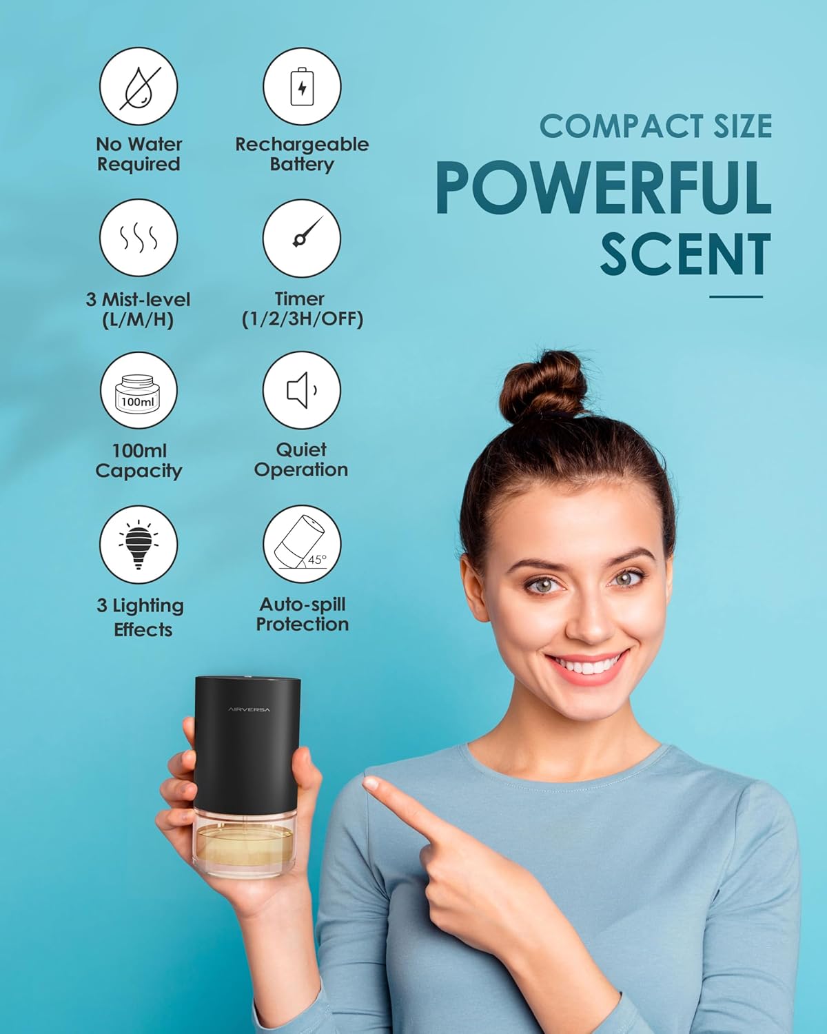 Airversa Essential Oil Diffuser Waterless Aromatherapy Diffusers for Home Large Room, Bedroom, Car, Office, Desk, Battery Operated, Small Diffuser for Pure Scent, 100mL Capacity, AN9 (Ice Blue)