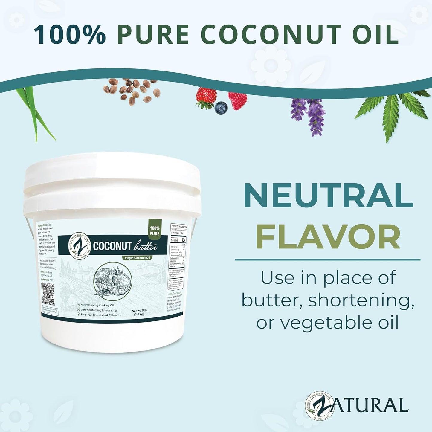 Zatural Coconut Oil, 100% Virgin Organic Extra Virgin Unrefined, Cold Pressed, ~1 Gallon (8 Pound)