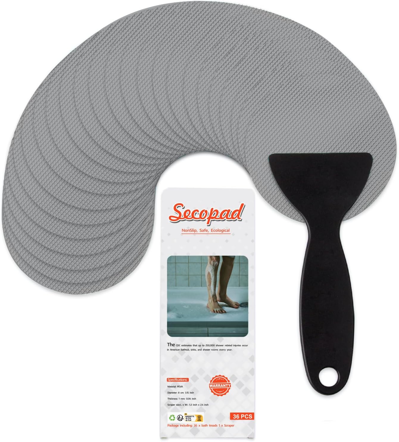 36PCS Bathtub Stickers Non-Slip, Safety Shower Treads Adhesive Appliques with Premium Scraper (Grey)