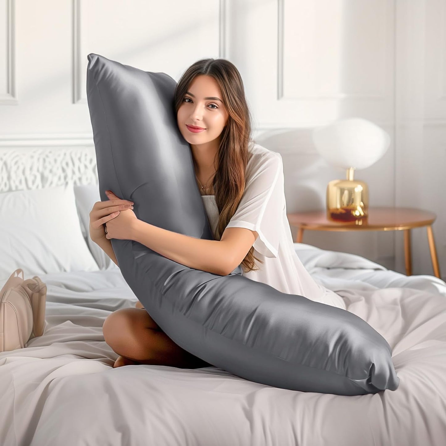 BEDELITE Satin Body Pillow Cover, Super Soft and Cooling Body Pillow Pillowcase for Hair and Skin, Breathable Silky Full Long Pillowcase Cover(20"x54", Dark Grey)