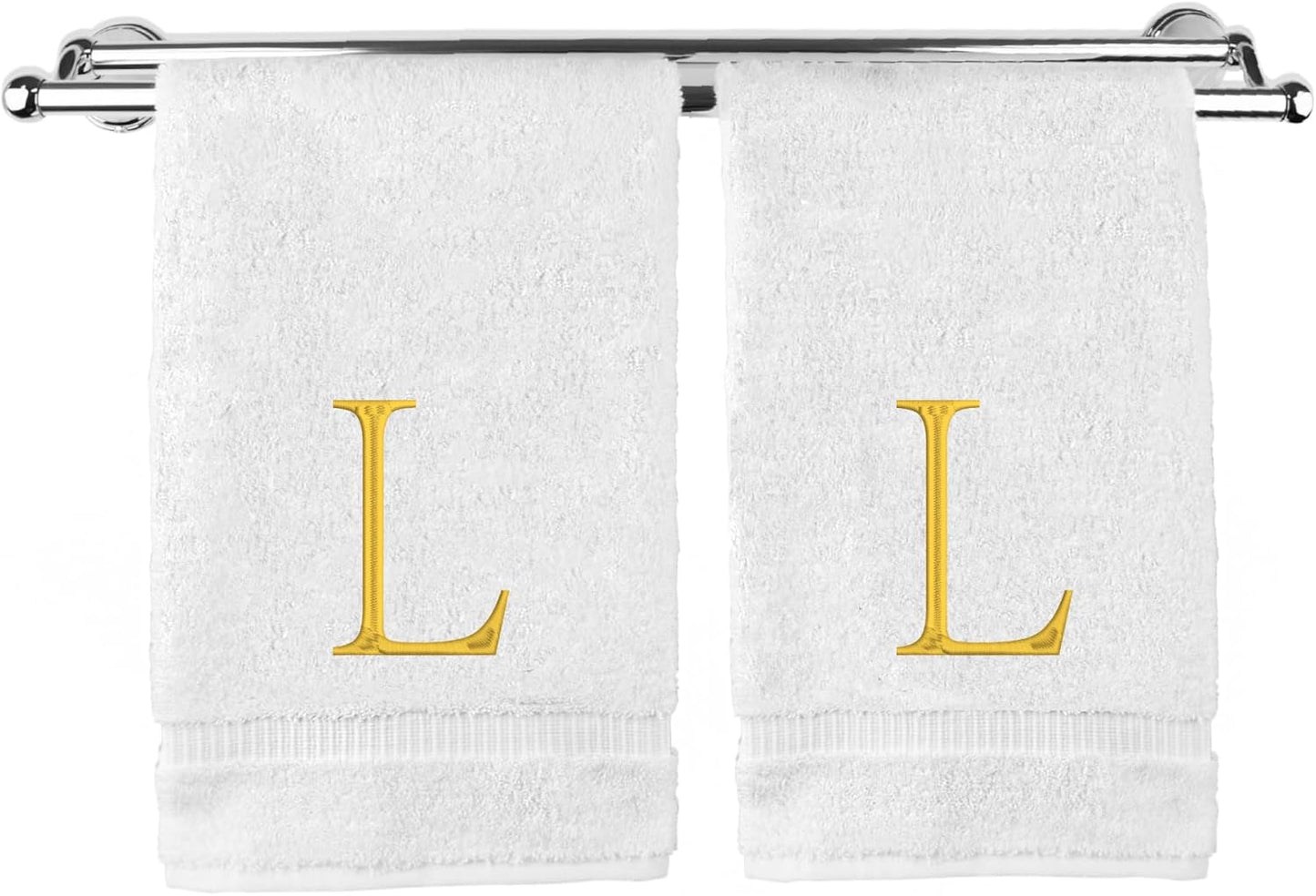 Monogrammed Hand Towel, Personalized Initial Gift, Extra Absorbent 100% Turkish Cotton - Soft Terry Finish - Set of 2 - Gold Block Initial L - Embroidered on White Towels