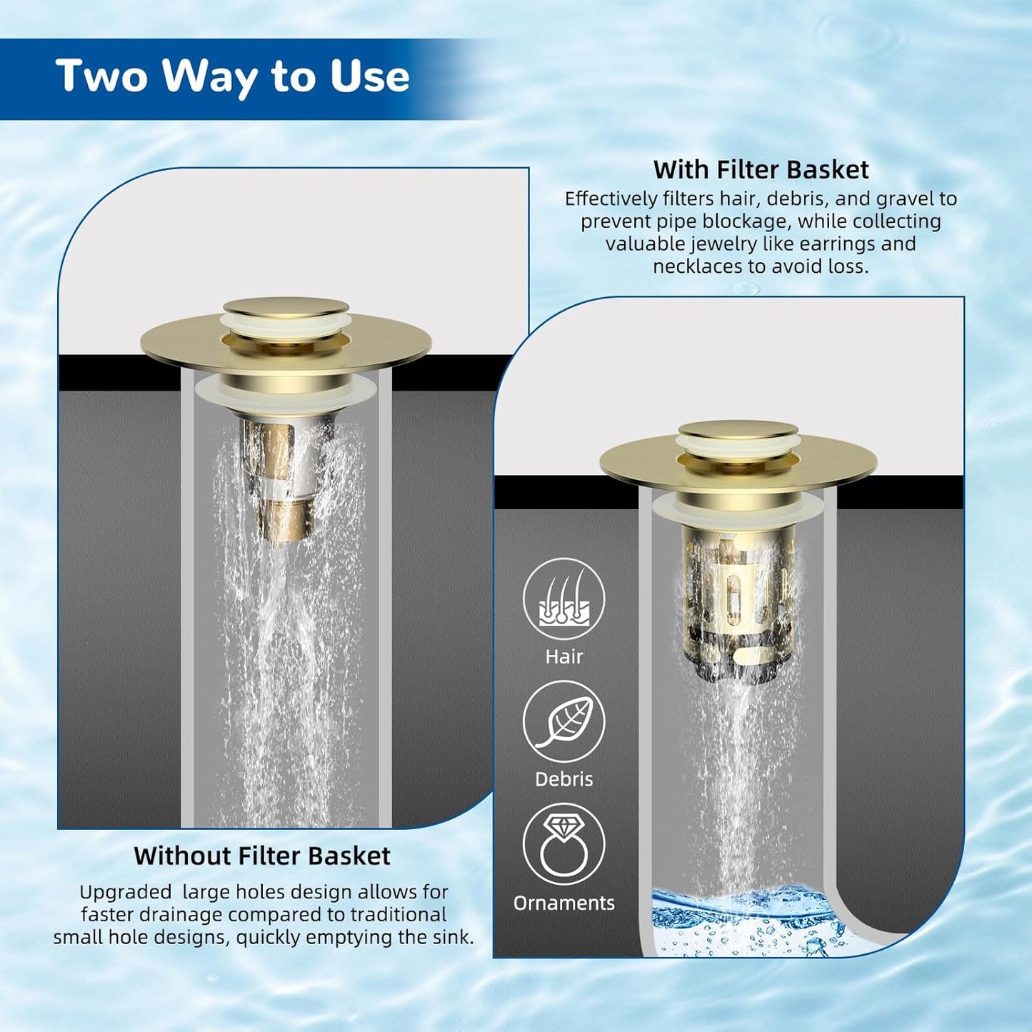 Hibbent Upgraded 3 in 1 Bathroom Sink Drain Strainer, Universal Pop Up Stopper with Removable Stainless Steel Filter Basket Hair Catcher, Sink Plug for 1.1''~2.36'' Basin, Brass Core, Brushed Gold