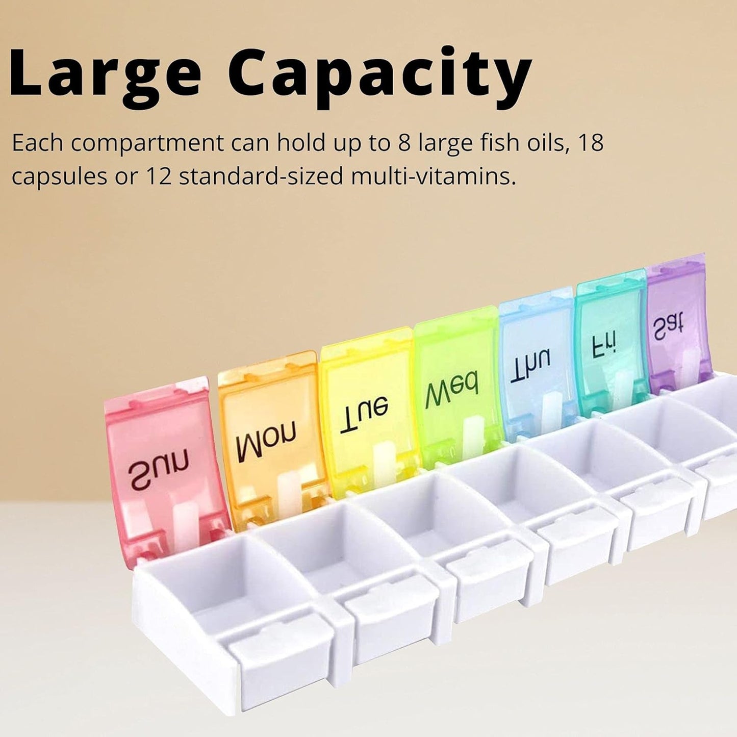 PERFORMORE Portable Weekly 7-Day Pill Organizer, Travel Medicine Box, Rainbow Color, BPA Free with Easy Push Button Design Case Holder for Pills, Vitamin, Supplements and Medicine