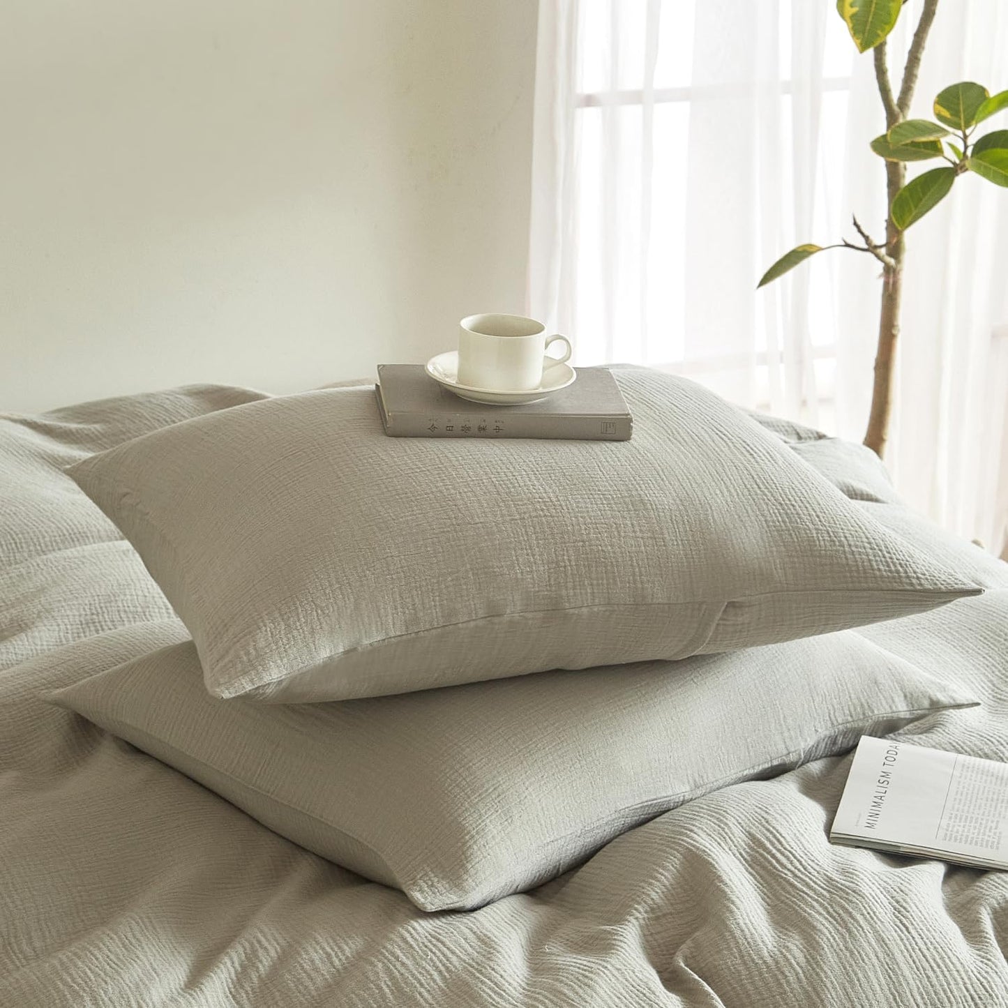 SE SOFTEXLY Muslin Pillowcases King Size 100% Cotton, 2 Pack Linen Like Pillow Shams with Envelope Closure, Ultral Soft and Breathable Pillow Case Covers, Smoky-Green, 20" X 36", No Filling