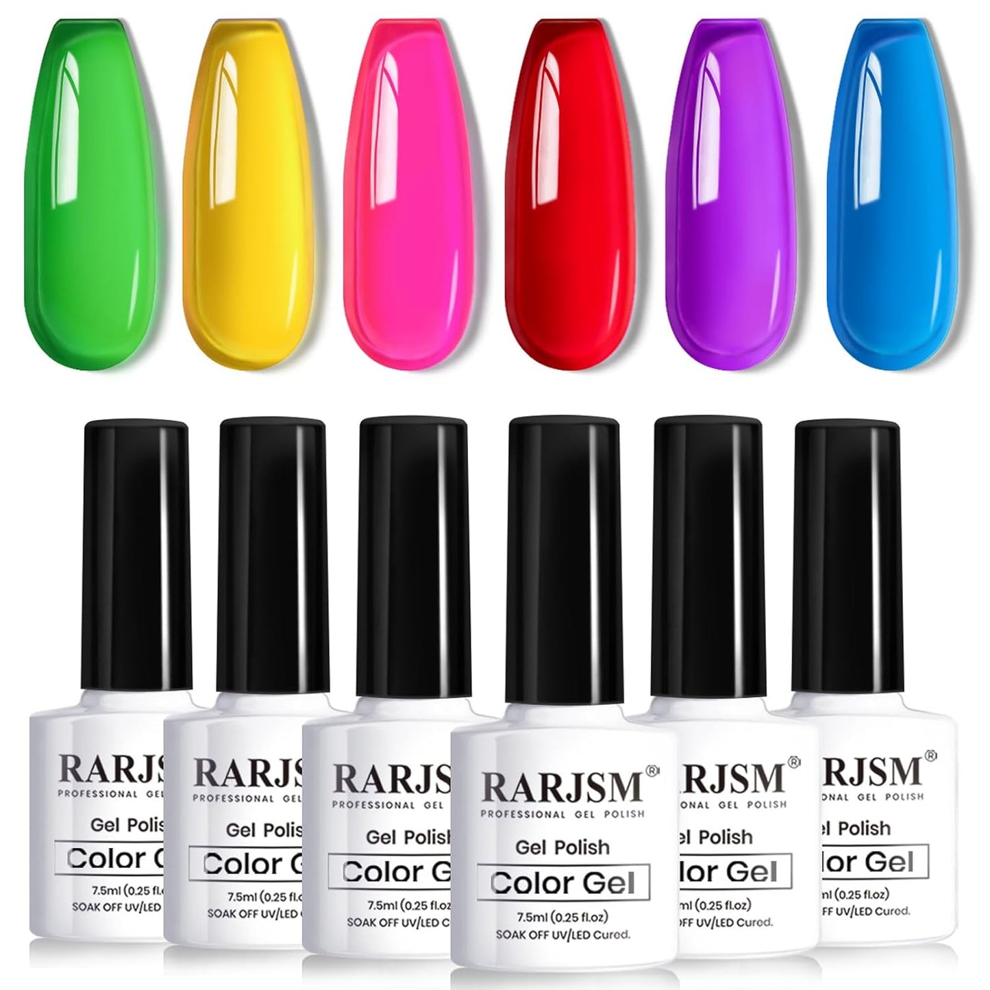 RARJSM Neon Jelly Gel Nail Polish Set 6pcs Clear Crytal Glass Yellow Blue Green Red Pink Purple Transparent Sheer Gel Varnish LED UV Curing Requires French Manicure Soad off Summer Iridescent Colors
