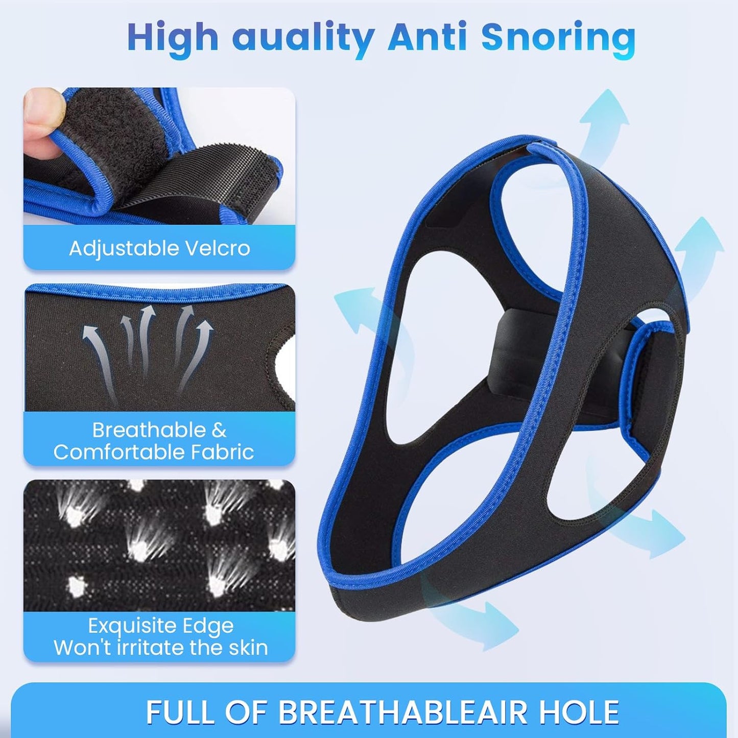 Chin Strap for Snoring Snore Chin Strap for Men & Women Comfortable Jaw Support Snoring Solution Adjustable Effective Snoring Sleep Device Reducing Aid for Women and Men (Blue)