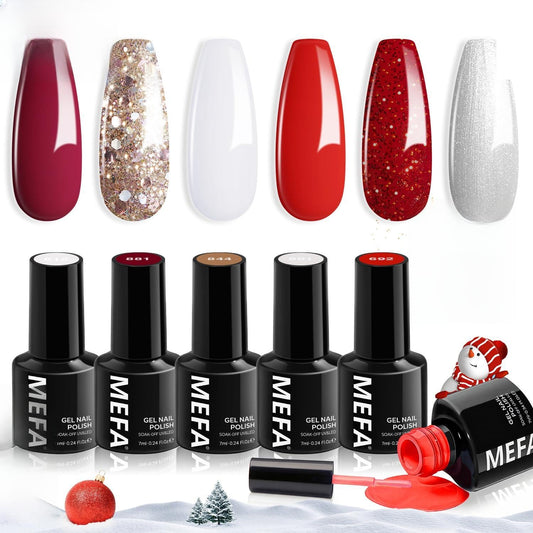MEFA 6 Colors Red Gel Nail Polish Set, Fall Winter Christmas Glitter Shades Sparkle Silver Champagne Love Times Tones Salon Decorations Nail Art Design at Home Manicure DIY Kit Gifts for Women Girl