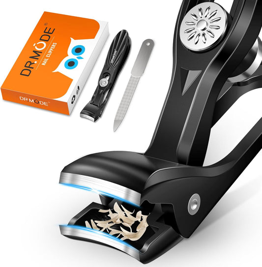 DRMODE Nail Clippers for Men Thick Nails, Angled Head Toe Nail Clippers for Thick Nails for Seniors, Wide Jaw Opening Toenail Clippers Heavy Duty Fingernail Clipper with Catcher Long Handle - Black
