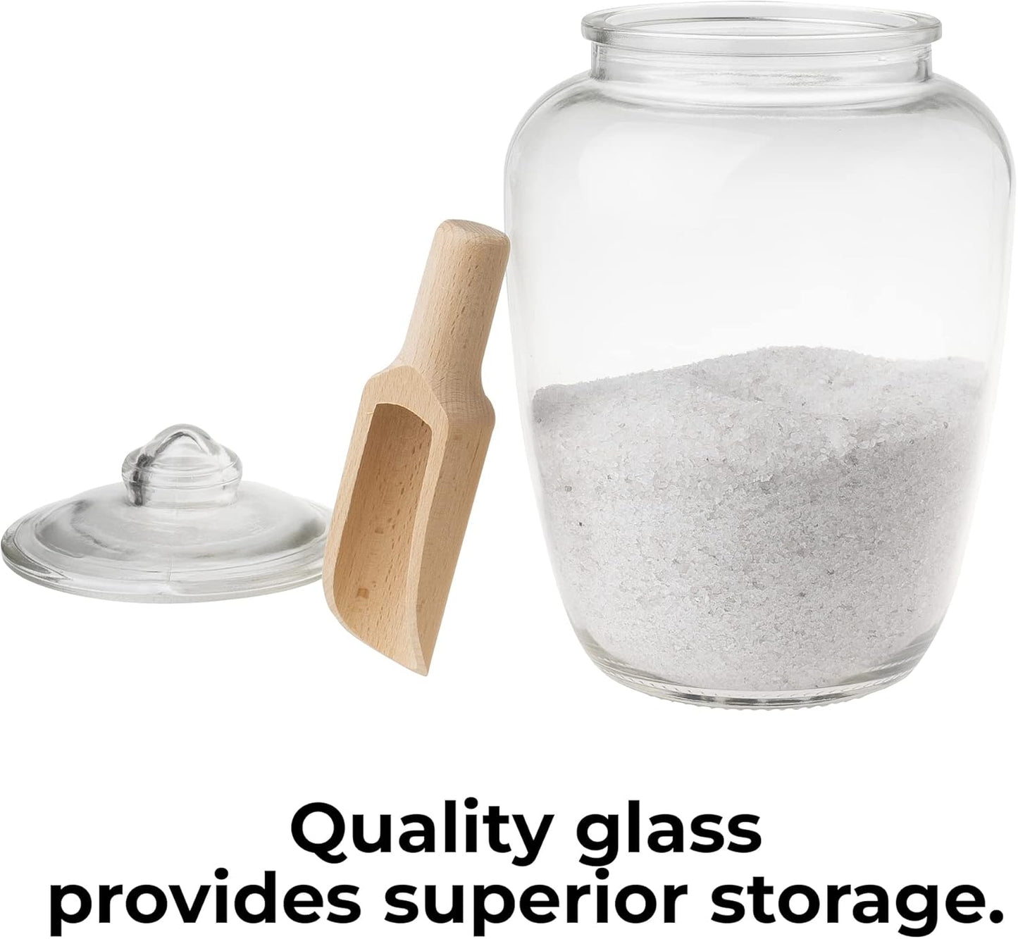 Glass Jar with Wooden Scoop for Bath Salt, Container With Airtight Lid Holds 74 oz of Bath Salt Epsom Salt, Laundry, Flour Multi Use