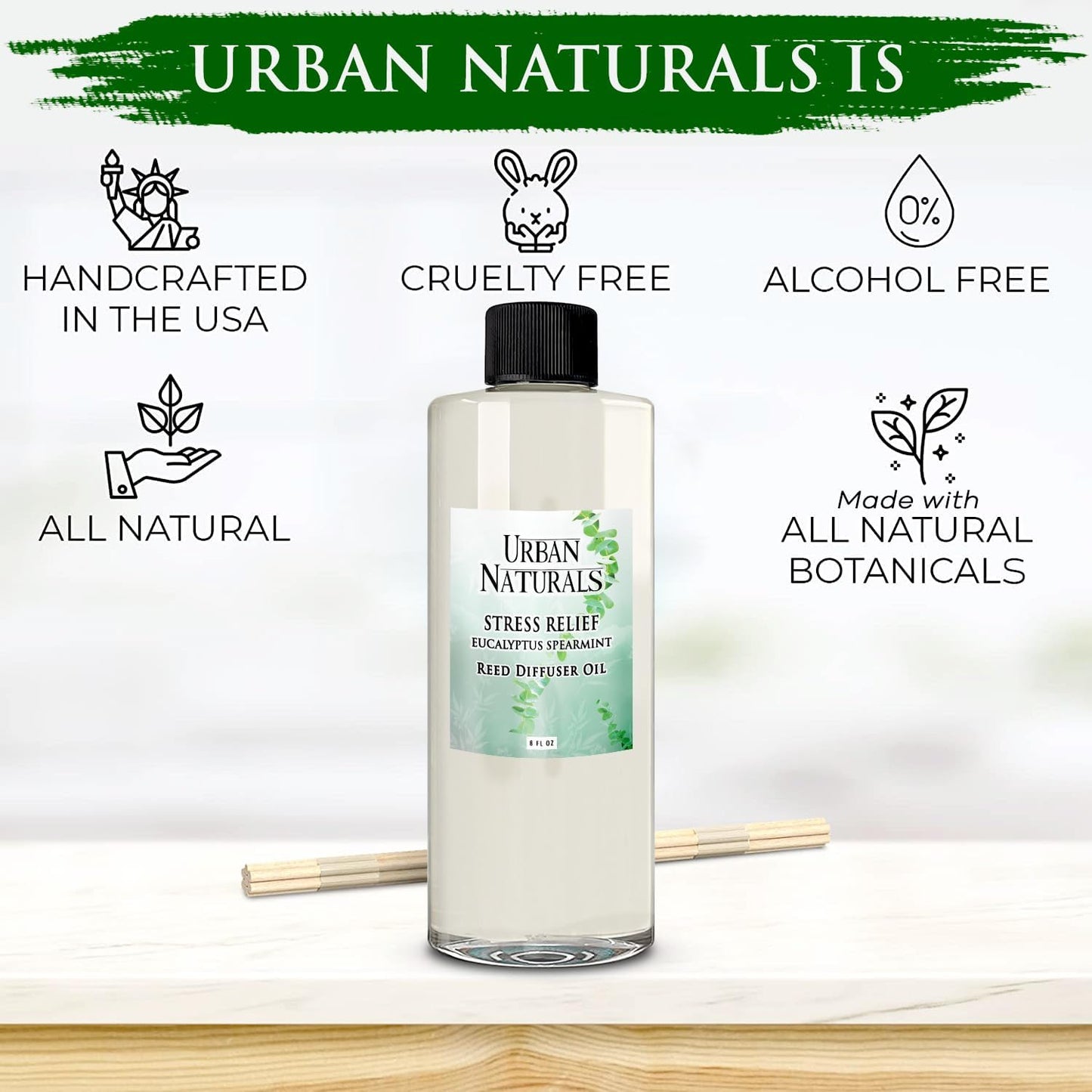 Urban Naturals Reed Diffuser Oil Refill Eucalyptus Spearmint with Lemon Peel, Clary Sage 8 oz + Free Reed Sticks, Made in The USA