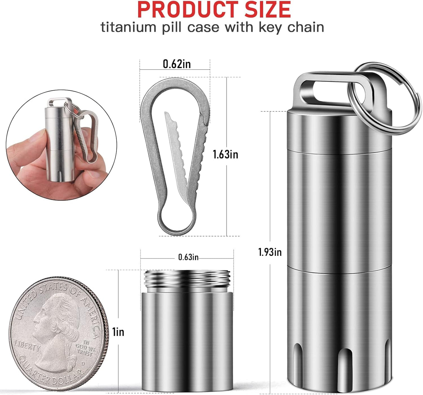 TISUR Titanium Small Pill Holder Keychain, Portable Pill Case Waterproof Pocket Pill Box Container Carrier to Hold Pills, Vitamins, Fish Oil, Supplements