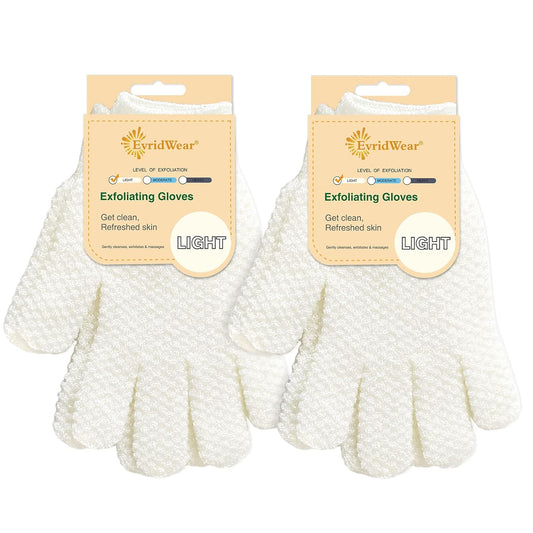 Evridwear Exfoliating Dual Texture Bath Gloves for Shower, Spa, Massage and Body Scrubs, Dead Skin Cell Remover, Gloves with Hanging Loop (2 Pairs Light)