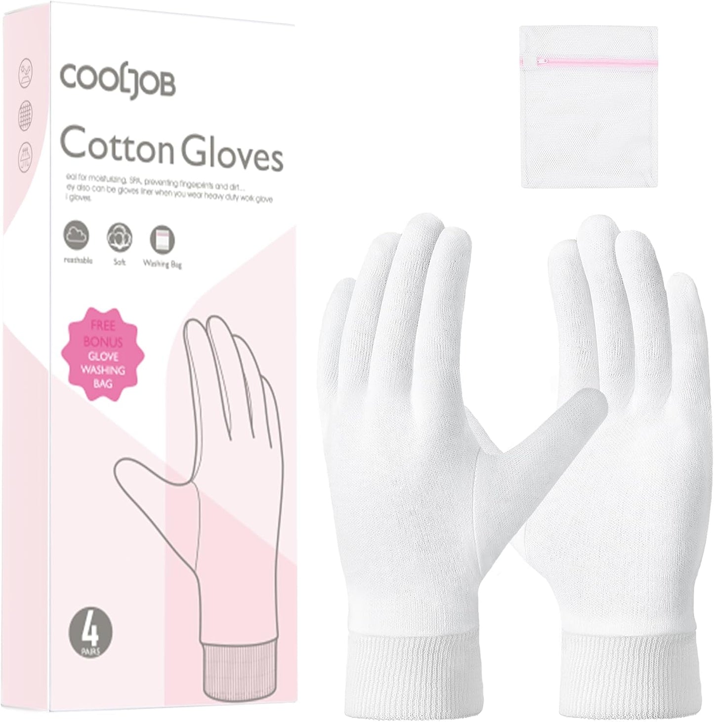 COOLJOB 4 Pairs Soft Moisturizing Cotton Gloves Set with Stretch Elastic Cuff, Overnight Lotion Sleeping Gloves for Dry Hands, Eczema Skin, Beauty Women SPA Essentials, Medium, White