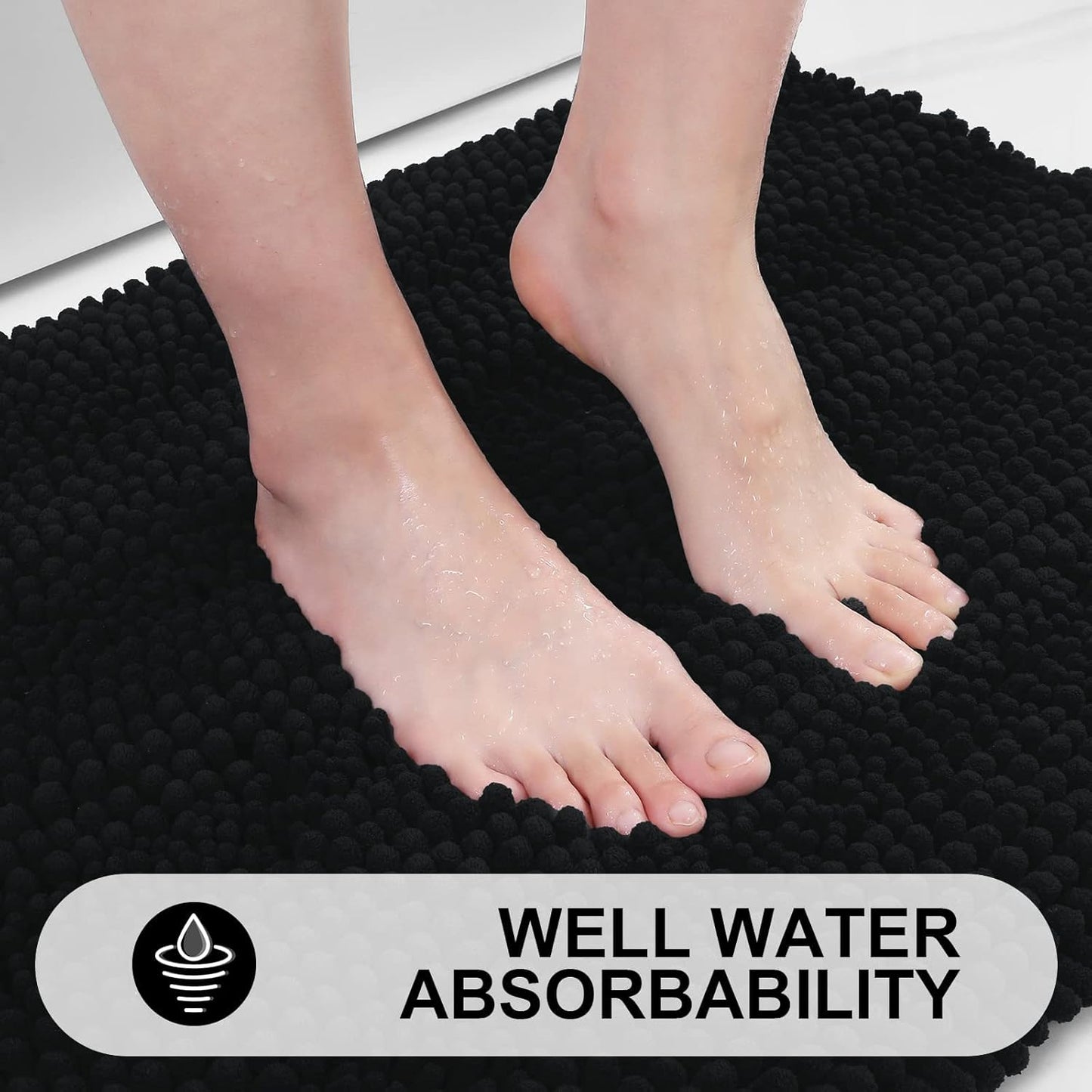 Grandaily Chenille Striped Bathroom Rugs 47x20, Extra Thick and Absorbent Bath Mats, Non-Slip Soft Plush Shaggy Shower Carpet, Machine Wash Dry, Bath Rug for Bathroom, Black