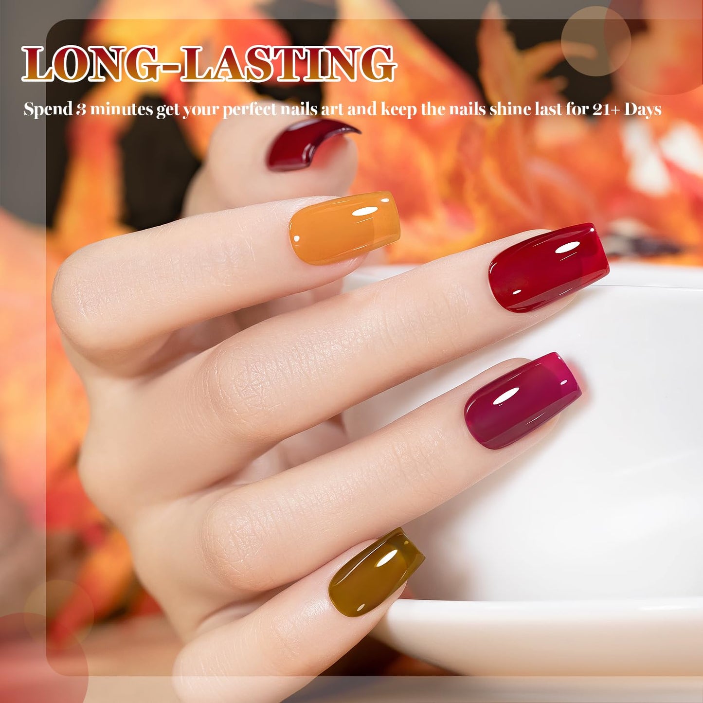 RARJSM Jelly Stained Glass Gel Nail Polish Set 6pcs Clear Amber Yellow Cherry Red Orange Olive Green Crystal Transparent Series Sheer Gel Varnish Curing Requires Soak off Home Salon French Manicure