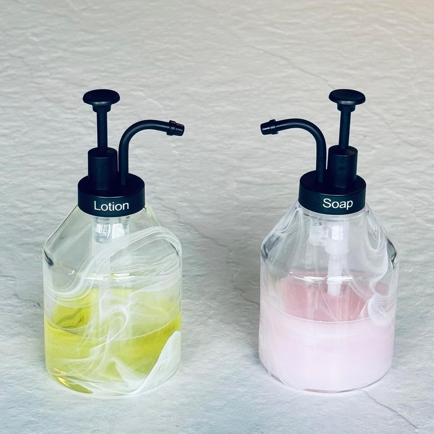 Bathroom Glass Soap Dispenser Set, 2 Pcs 375ml/12.7 Oz Unique 3D Cloud Pattern Thick Glass Soap Bottle with Smooth Action Rust-Free Black ABS Pump for Kitchen Counter Dish Soap Dispenser