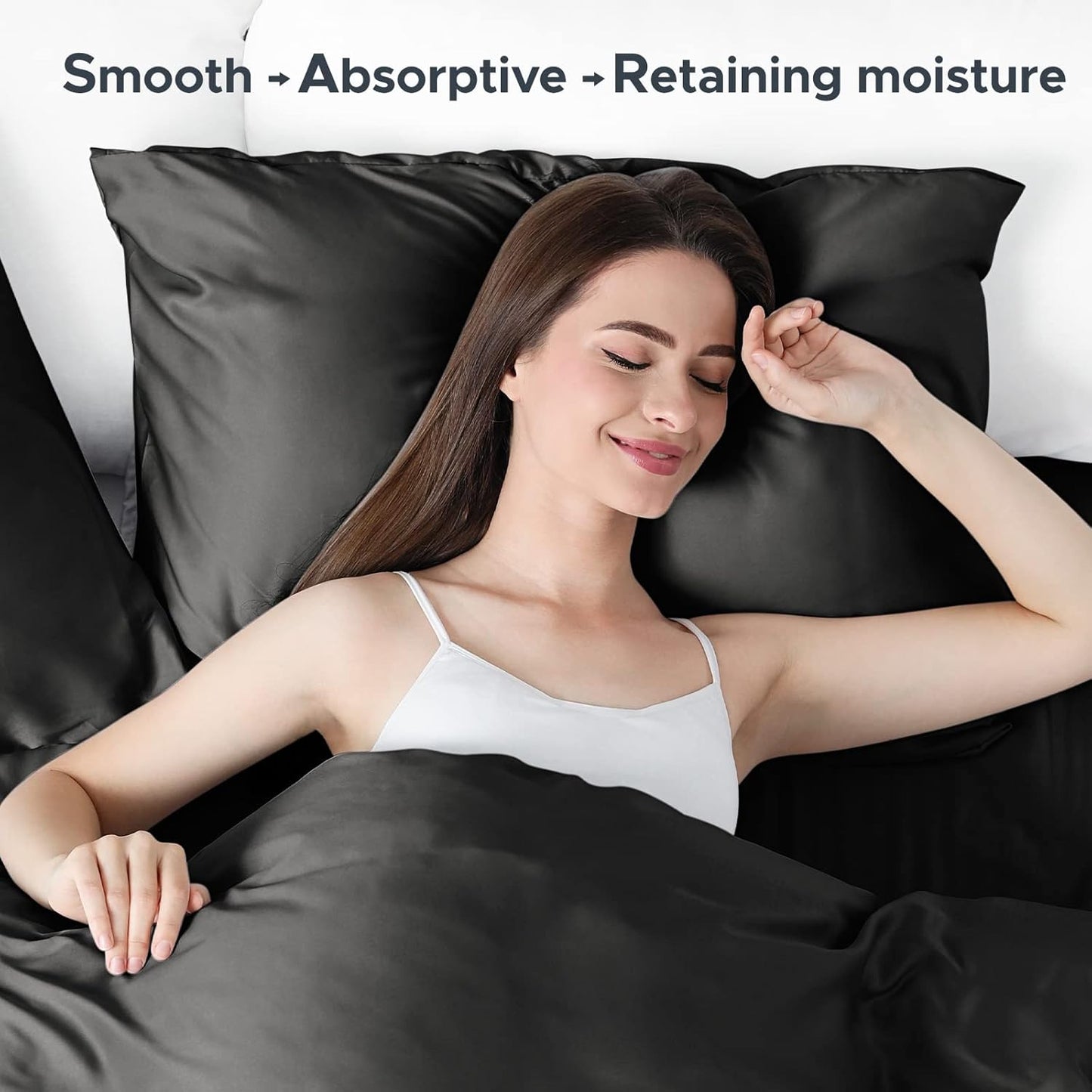 100% Pure Mulberry Silk Pillowcase for Hair and Skin - Allergen Resistant Dual Sides,600 Thread Count Silk Bed Pillow Cases with Hidden Zipper,1pc,Queen Size,Black