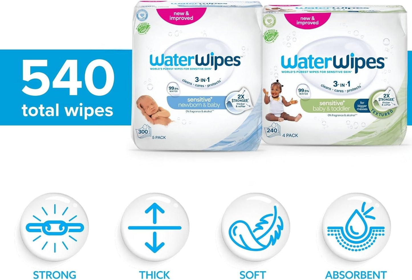 WaterWipes Bundle, Original 300 Count (5 packs) & Textured Clean Wipes 240 Count (4 packs), Plastic-Free, 99.9% Water Based Wipes, Unscented, Hypoallergenic for Sensitive Skin, Packaging May Vary
