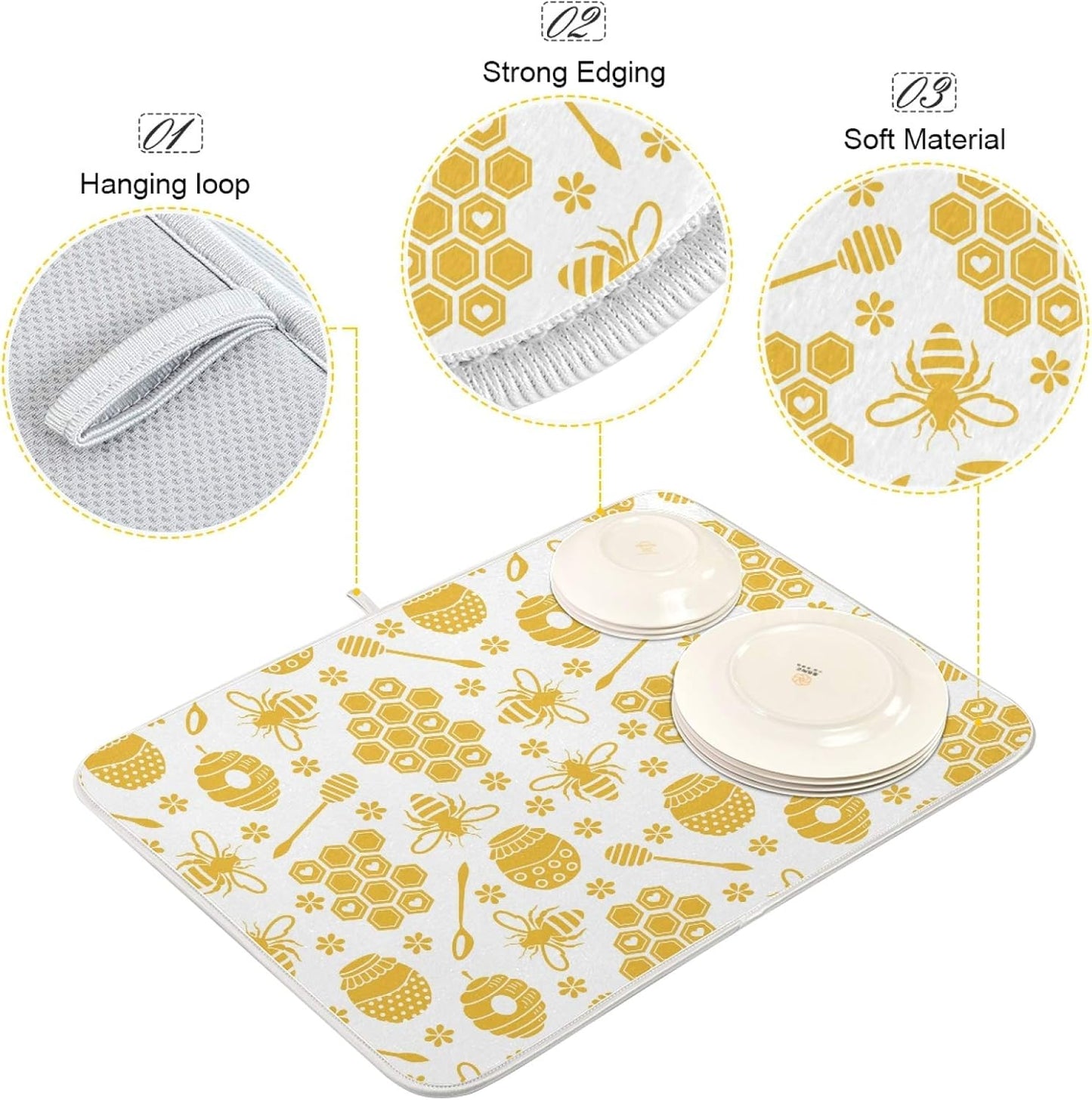 Yellow Dish Drying Mat for Kitchen Counter Bee Honey Microfiber Dish Mat Absorbent Drying Pad Dish Draining Mat 18 x 16 Inch Medium
