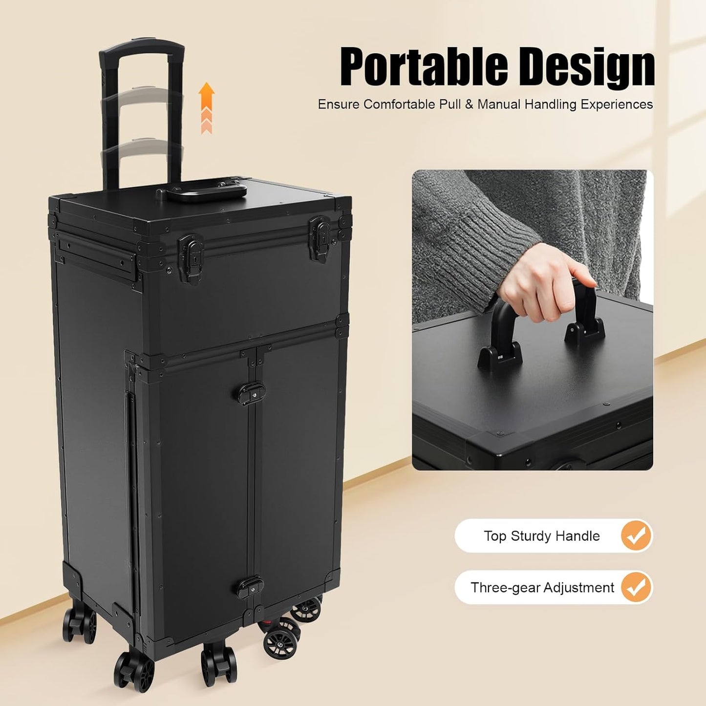 44.09lbs Lockable Makeup Train Case,Rolling Hairdressing Trolley,Beauty Salon Cosmetic Luggage with Universal Wheels for Hair Stylist,Make-up Artists (Black 8)
