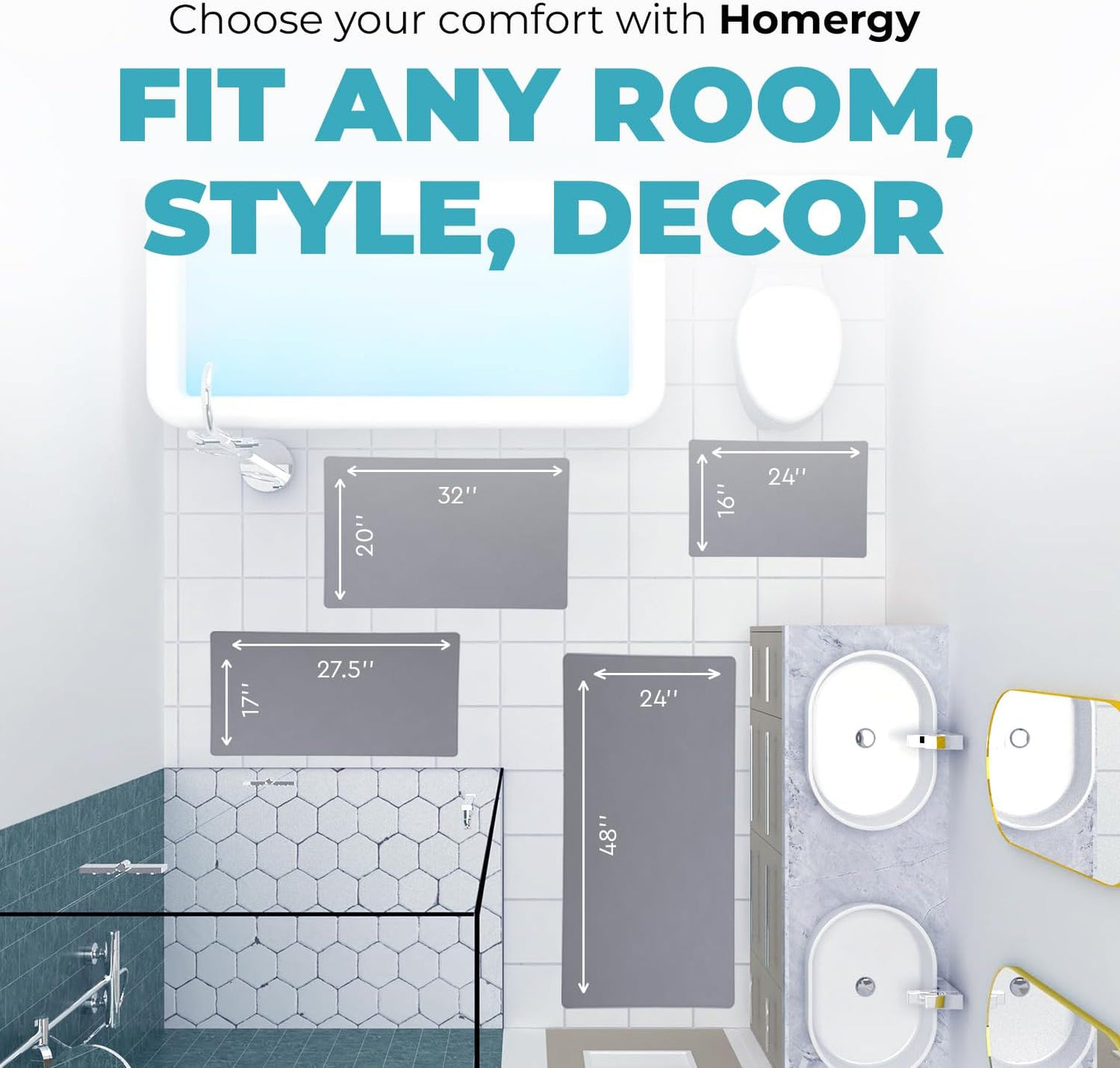 Homergy Bath Mat – Super‑Absorbent & Quick‑Dry with Non‑Slip Rubber Backing, Machine Washable & Odor Resistant – 16×24 in, Gray