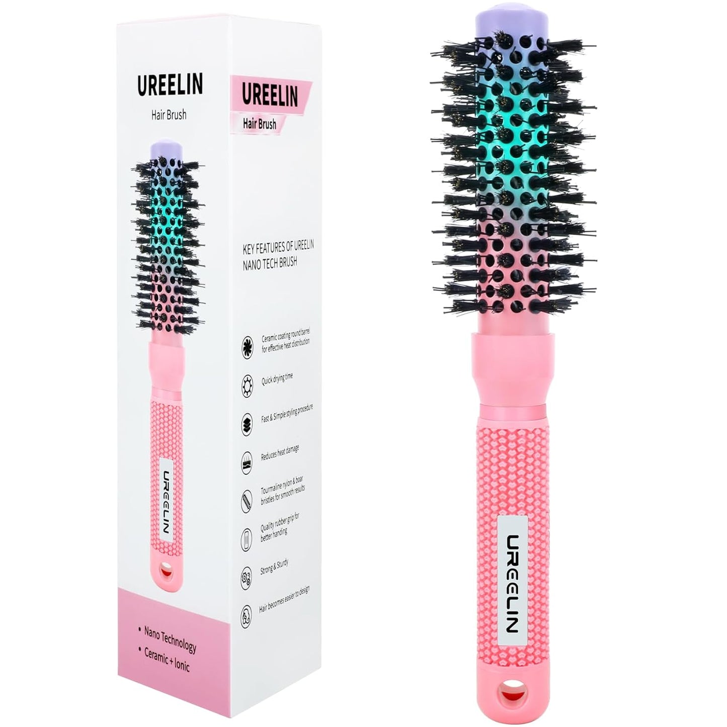 Round Brush for Blow Out - 1.0 Inch Small Nano Thermal Ceramic & Ionic with Boar Bristles - Salon Blow Drying Hair Brush for Drying,Volumizing, Curling, Shine & Smooth Styling