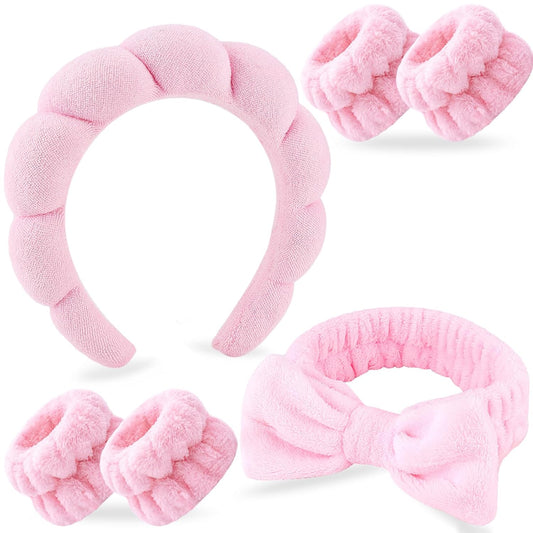 Zkptops 6Pcs Spa Headband for Washing Face Wristbands Set Women Bubble Skincare Makeup Sponge Terry Cloth Padded Puffy Headband Bow Tie Hairband Cute Non Slip Thick Hair Accessory Gifts(Pink)