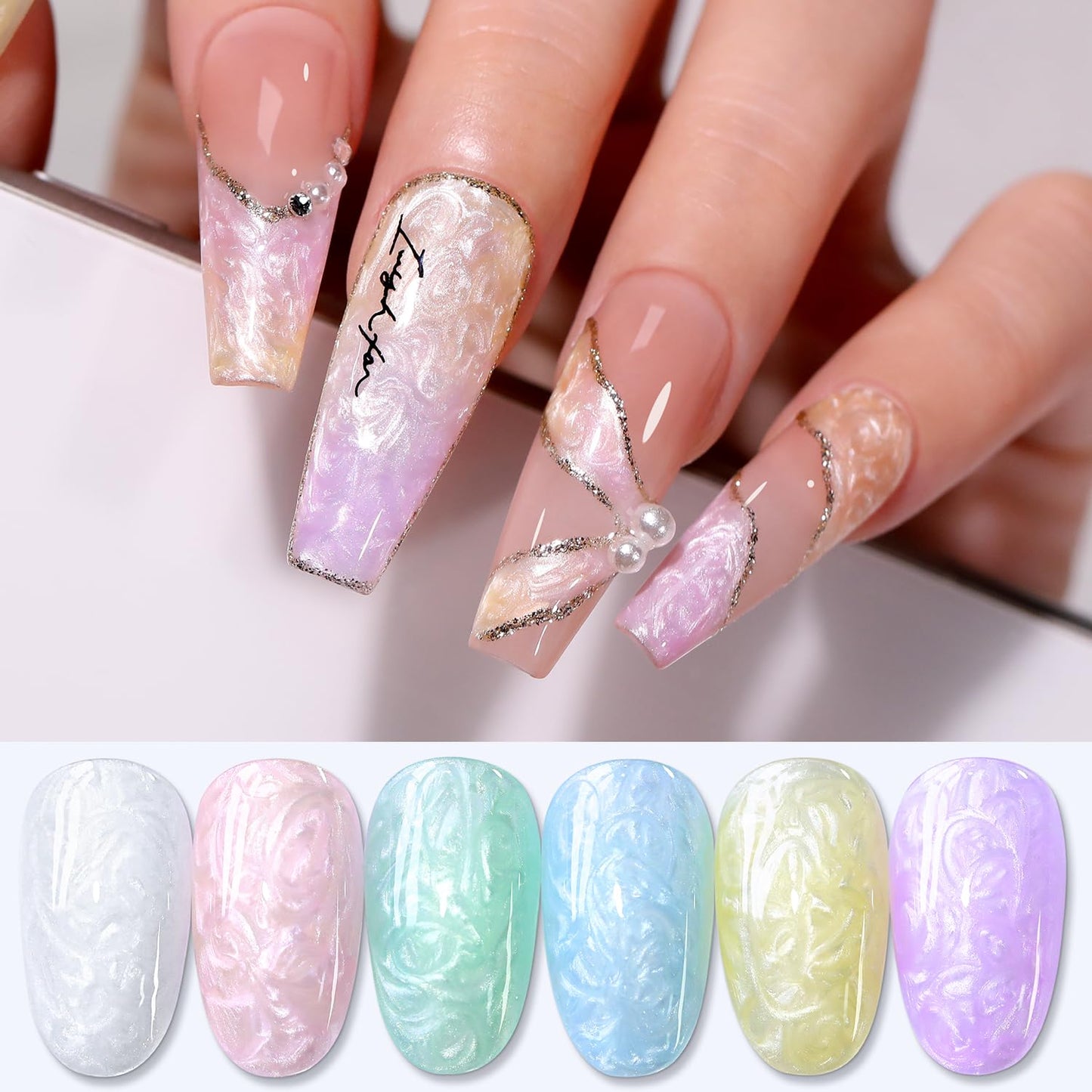 Double Rhythm Gel Nail Polish Set of 6 Colors Baby Light Pastel Milky Nail Polish Starter Kit Art DIY Salon Home (Pearl White Pink Green Blue Yellow Purple,Kit 30)