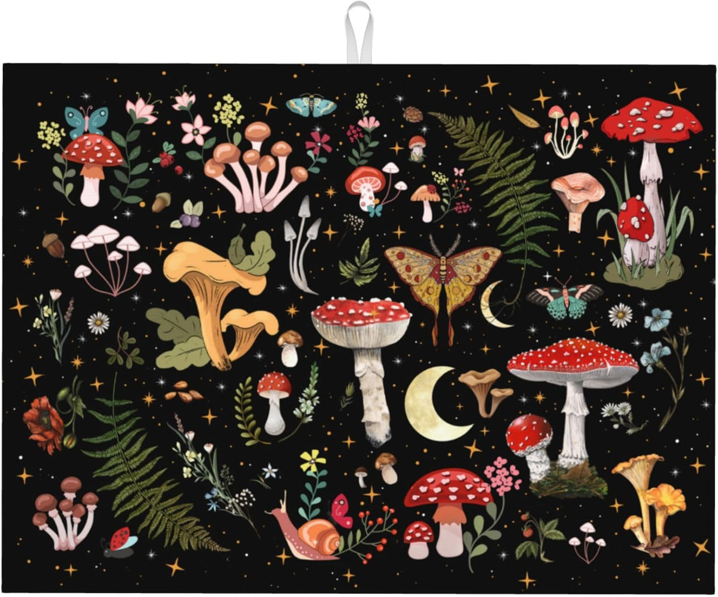 Mushroom Dish Drying Mat for Kitchen Counter 18"x24" Moth Gothic Witchy Dishes Pad Dish Drainer Rack Mats Microfiber Washable Absorbent Kitchen Decor, Black