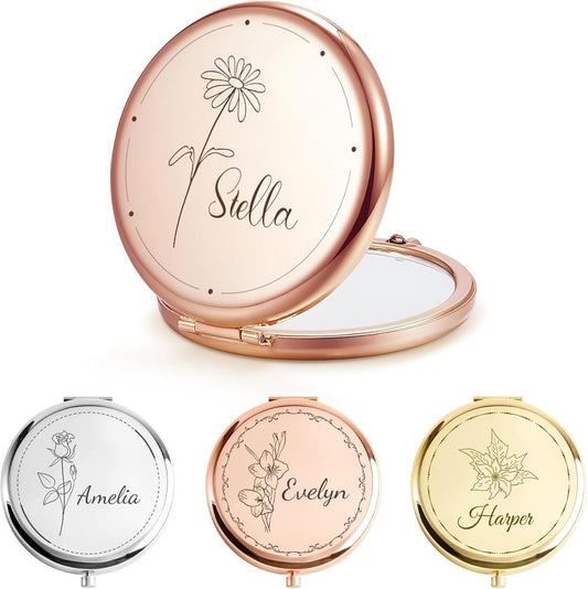 Personalized Compact Mirror – Custom Pocket Mirror with Name, Monogram Travel Purse Mirror for Women, Bridal Shower Favors & Bridesmaid Gifts, Portable Makeup Accessory (Birthday Flowers)