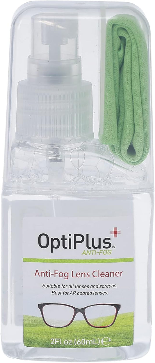 OptiPlus Anti-Fog Lens Cleaning Spray Kit l Cleaning Spray and Microfiber Cloth for Glasses, Laptops Screens, Smart Phones, Optical Lens, Goggles, Watch Screen and More l Defogging and Cleaning l 2oz