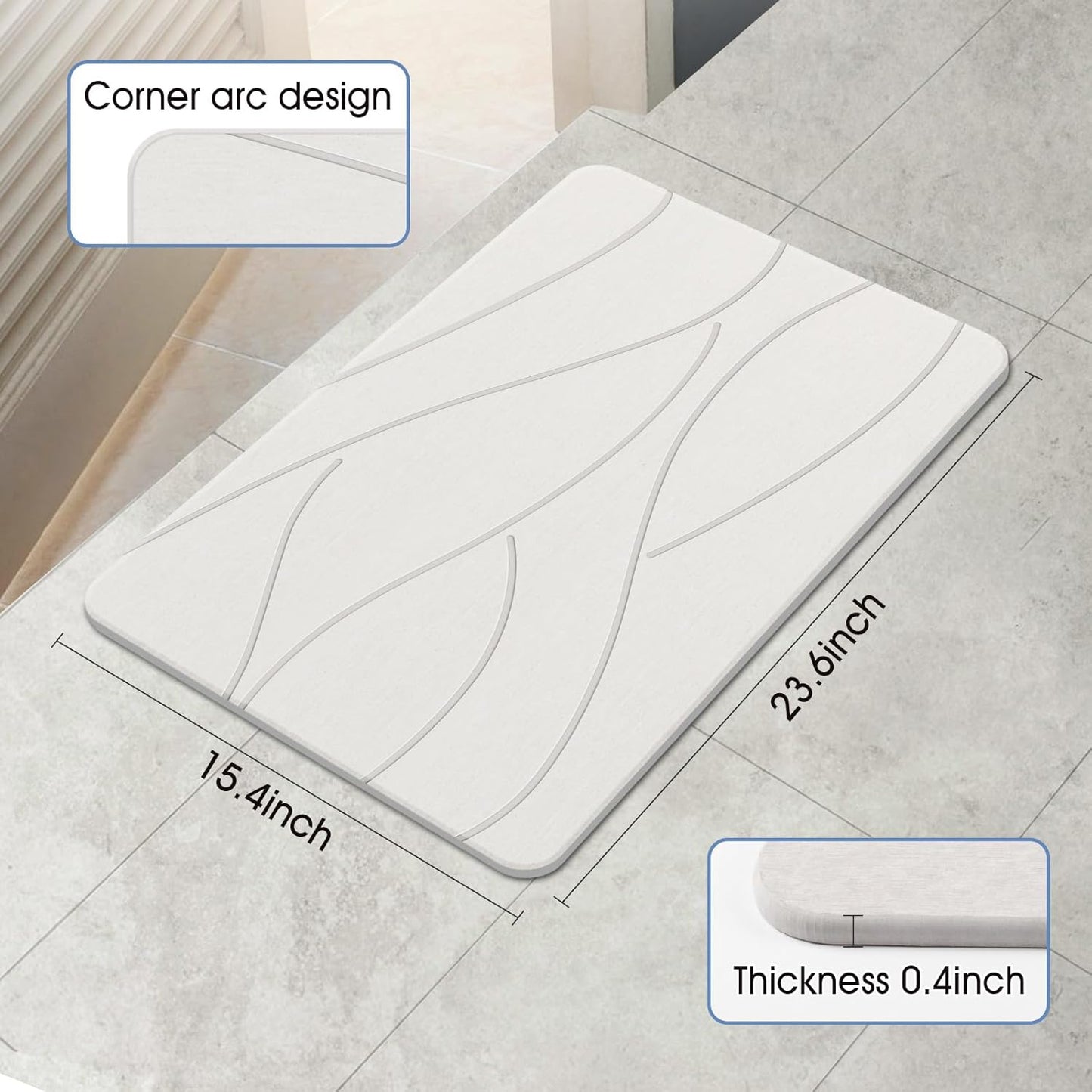 Stone Bath Mat Diatomaceous Earth Shower Mat Non-Slip Super Absorbent Diatomite Stone Bath Mats for Bathroom Floor Quick Drying Natural Easy to Clean(23.6''×15.4" White)