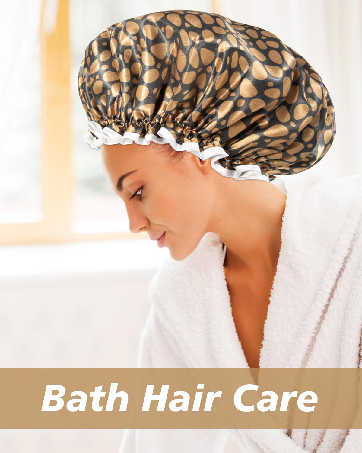 Aquior Shower Cap for Women, Reusable Shower Caps for Womens, Adult Hair Cap for All Hair, Double Waterproof EVA Lining, Leopard Shower Cap for Long Thick Hair