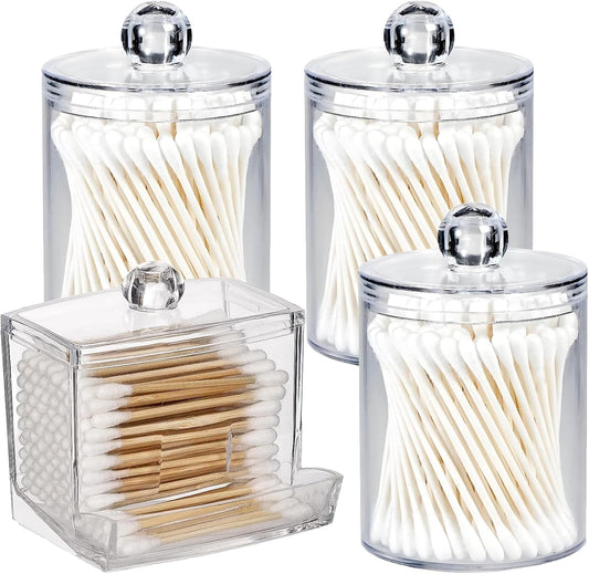 AXX Qtip Dispenser Apothecary Jars Bathroom - Qtip Holder Storage Canister Clear Plastic Jar for Cotton Swab,Q-Tips,Cotton Rounds (E#Clear 4Pcs)