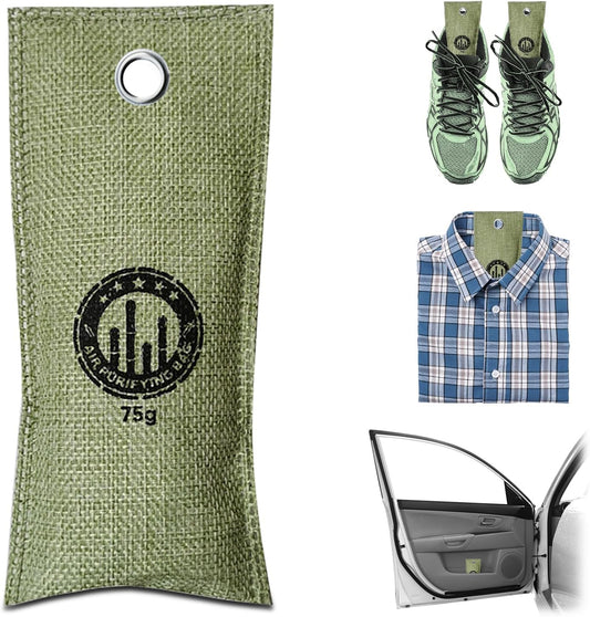 4 Pack charcoal odor absorber,Bamboo Charcoals Air Purifying Bag Charcoals Deodorizer Eliminator for Strong Odors in Car, Closet, Shoe, Basement (75G*4 Pack Green, Unscented)